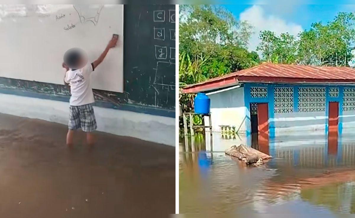 Video de niño borrando la pizarra en su aula inundada por lluvias en ...