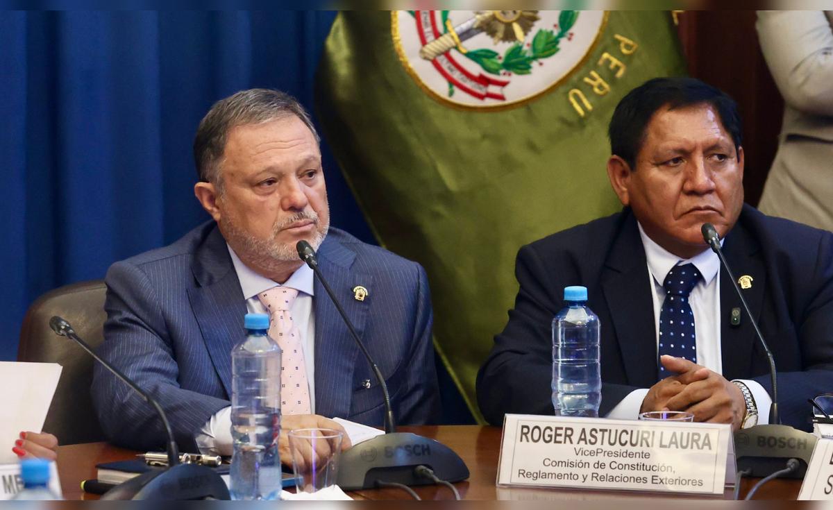 Sesión de la Comisión de Constitución del Senado, con una bandera peruana al fondo