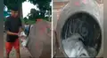 Joven utiliza una máquina mezcladora de cemento para lavar su ropa