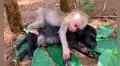 Pequeño monito conoce a un perro y lo abraza fuertemente al sentirse seguro