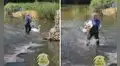 Hombre rescata a cisne que quedó atrapado en un río por varios días