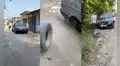 La llanta de un automóvil se desprende cuando estaba a punto de prender el motor