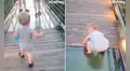 Pequeño niño decide retroceder al sentir temor de cruzar un puente de cristal