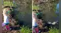 Niña intenta aprender a pescar, pero se aterra cuando un pez grande muerde el anzuelo