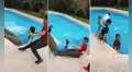 Intentan lanzar a su amigo a la piscina, pero les sale mal y acaban todos dentro