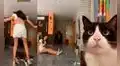 Joven practica con sus nuevos tacones, pero su gato se interpone y provoca que caiga al piso