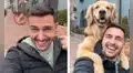 Perrito golden se sube a la espalda de su dueño y posa con una sonrisa para la foto