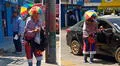 ¡Amor de padre! Hombre sale a trabajar de payasito y cargando a su hijo en su espalda en Moquegua