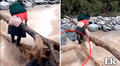 Mujer y perrito arriesgan su vida al cruzar caudaloso río: animal es arrastrado por el agua