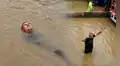 Hombre se pone a nadar en pleno bypass de la avenida Pachacutec que quedó inundado en Villa María del Triunfo