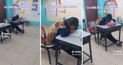 Perrita se acuesta sobre niña que escribe en su cuaderno durante clases: “Qué lindos”