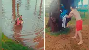 Joven salva a dos guacamayos de morir ahogados en una laguna