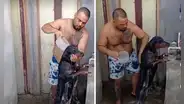 Perro escapa a la calle y acepta que su dueño lo bañe como castigo