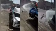 Perrito corre detrás de un camión cisterna para disfrutar del agua y refrescarse