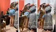 Perro curioso intenta ver junto a sus dueñas por la ventana y ‘pide’ que le hagan un espacio