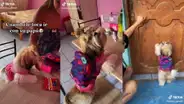 Mujer alista mochila de su mascota para que visite el hogar de su dueño y perrita se alegra