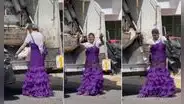 Recolector de basura usa un vestido de fiesta que encontró y muestra su alegría bailando