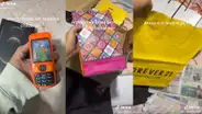 Joven envuelve en varias cajas un celular de juguete y planea entregárselo a un amigo