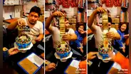 Familia sorprende a hombre por su cumpleaños al regalarle un pastel relleno de dinero