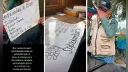 Vendedor se emociona al recibir un nuevo cartel luego de que el suyo se dañara por la lluvia