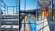 Peatones quedan en shock al ver cable que atraviesa puente peatonal construido sobre una carretera