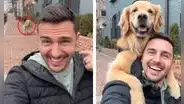 Perrito golden se sube a la espalda de su dueño y posa con una sonrisa para la foto