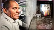 "Es un héroe": hombre bucea en agua sucia para recuperar auto de taxista tras intensa lluvia