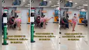 Mujer baila y realiza estiramientos mientras espera su turno en el banco