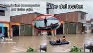 Jóvenes son vistos navegando en colchón inflable por aguas que dejaron las lluvias del ciclón Yaku
