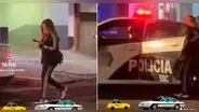 Mujer entra a carro de policía sin darse cuenta: “Todo por usar el celular”