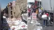 “¡No hay honradez!”: tráiler se volcó en carretera de Arequipa y personas saquearon mercadería