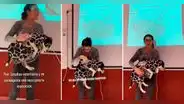 Estudiante de veterinaria lleva a su perrita para que la ayude en su exposición: "Todo por las croquetas"