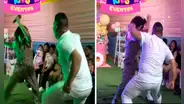 Papá de cumpleañera se une a reto para bailar saya con payasito y dejó en shock a los invitados