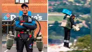 Delivery en los aires: Domino’s realizó su primera entrega de pizzas a sus clientes usando jetpacks