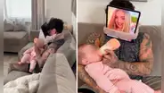 Padre se coloca una tablet en la cara con la foto de su pareja para darle de comer a su hija
