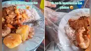 Joven sirve la comida en platos forrados con bolsas para no lavarlos ante corte de AGUA