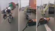 Joven sorprende al transportar cocina y lavadora en moto por calle de Lima: “El flete salió barato”