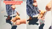 Usan peculiar forma de transportar a un perrito para evitar que se queme sus patitas ante inclemente sol
