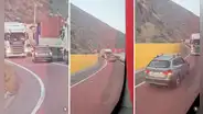 Auto invade carril contrario en carretera y tráiler lo hace retroceder al inicio: “Lo regresó hasta su casa”