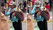 Mujer enternece las redes al cargar a su perrito en una manta: "Amor incondicional"
