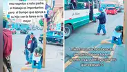 Padre supervisa que su hijo realice bien la tarea mientras trabaja como datero en una calle de Huancayo
