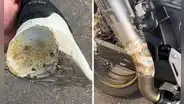 Costosa zapatilla se quemó en el tubo escape caliente de una moto y video es furor en TikTok