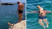 Adulto mayor y su perrito enternecen en redes al realizar clavados en el mar: “Una conexión especial”