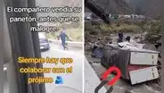 Comerciante conmueve al rematar sus panetones en plena carretera tras accidente en Lima