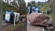 Chofer vuelca camión en la Carretera Central para esquivar roca gigante y se salva de milagro en Jauja