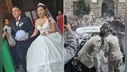 Novios celebraban su boda y terminaron empapados en espuma durante carnavales: "Ni la novia se salvó"