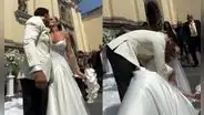 De la emoción al susto: Said Palao casi deja caer a Alejandra Baigorria en su primer día de casados