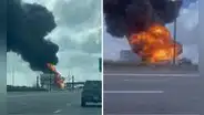 Video del preciso momento en que camión cisterna colisiona con autobús en Florida: choque deja un herido