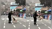 Policía roba la atención en desfile de El Agustino al hacer saltar a su perro entrenado