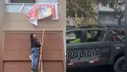 Dina Boluarte: policías vestidos de civiles retiran pancarta en contra de la presidenta durante el Desfile Cívico Militar